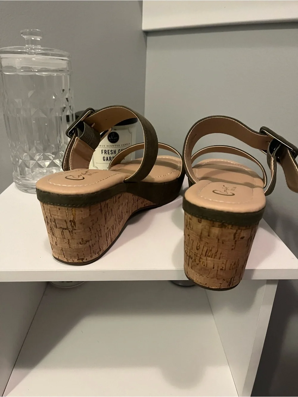 Comfortiva Olive Suede Cork Wedge Slide Sandals